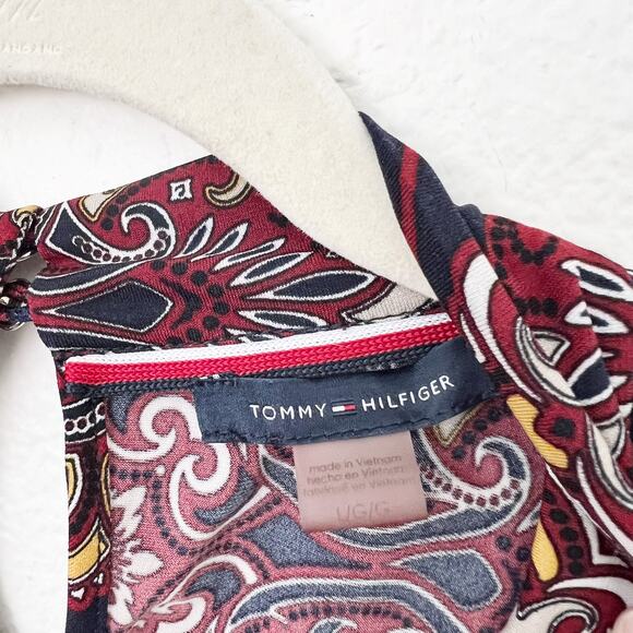 [Tommy Hilfiger] Navy Scroll Scarf Print Knot Neck Sleeveless Blouse Sz Large L - Picture 10 of 11